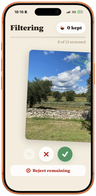 Roll Soup app screen showing a batch of photos to filter